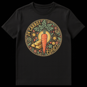 Vintage style illustration of a large carrot and gold bars with 24 Carrot Gold text on Black t-shirt