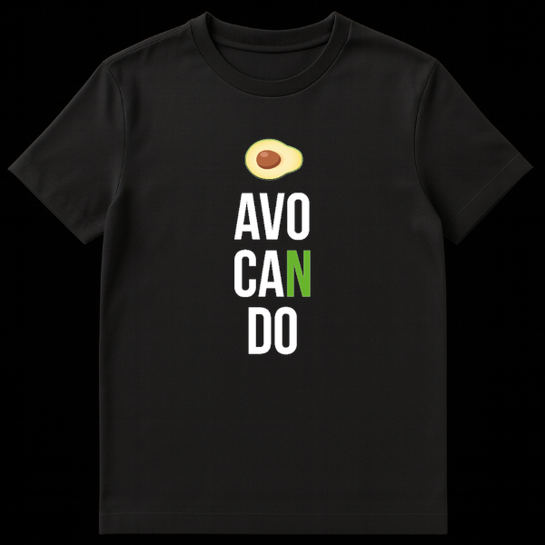 Illustration of half an avocado above the text AVO CAN DO with the letter N highlighted in green on a t-shirt on Black t-shirt