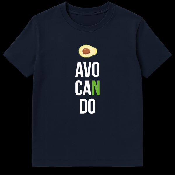 Illustration of half an avocado above the text AVO CAN DO with the letter N highlighted in green on a t-shirt on Navy Blue t-shirt