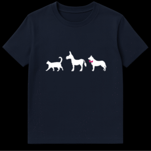 Graphic t-shirt design featuring white silhouettes of a cat, a donkey, and a dog with a pink bow tie walking in a line against a dark background on Navy Blue t-shirt