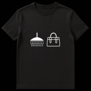 T-shirt design featuring an icon of a running shower head next to an icon of a handbag forming a visual rebus puzzle for the word Douchebag on Black t-shirt