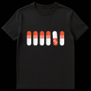Row of red and white pills labeled OCD with one upside down and tilted breaking the pattern on Black t-shirt