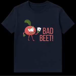 Cartoon beet character with angry face holding playing cards next to text Bad Beet on Navy Blue t-shirt