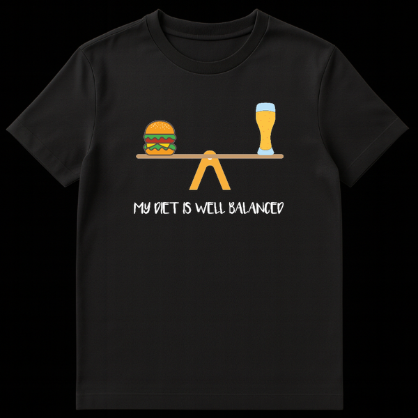 Illustration of a cheeseburger and a glass of beer balancing perfectly on a seesaw with text My Diet Is Well Balanced on Black t-shirt