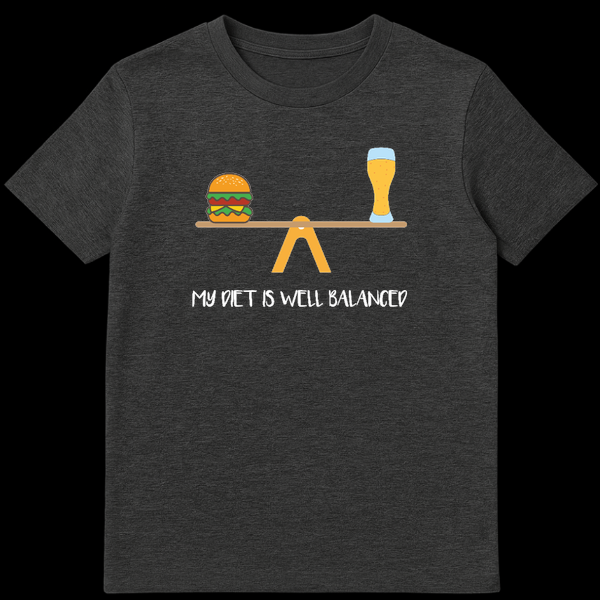 Illustration of a cheeseburger and a glass of beer balancing perfectly on a seesaw with text My Diet Is Well Balanced on Dark Heather t-shirt