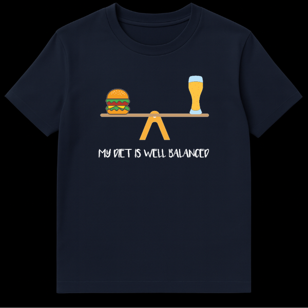 Illustration of a cheeseburger and a glass of beer balancing perfectly on a seesaw with text My Diet Is Well Balanced on Navy Blue t-shirt