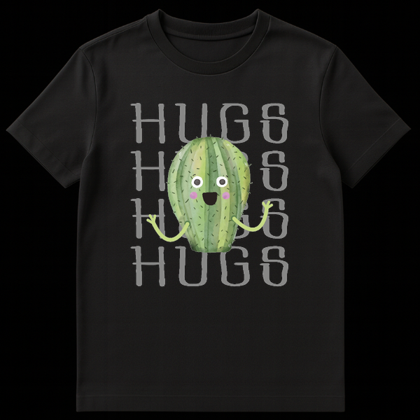 Cute watercolor cactus with open arms standing in front of the word HUGS repeated four times on Black t-shirt
