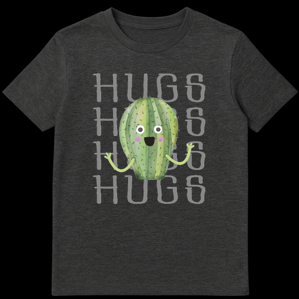 Cute watercolor cactus with open arms standing in front of the word HUGS repeated four times on Dark Heather t-shirt