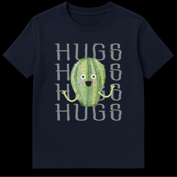Cute watercolor cactus with open arms standing in front of the word HUGS repeated four times on Navy Blue t-shirt