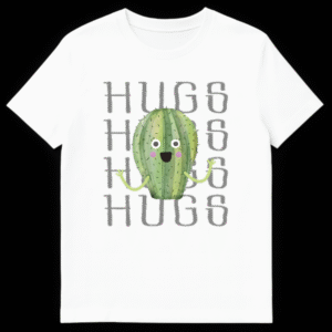 Cute watercolor cactus with open arms standing in front of the word HUGS repeated four times on White t-shirt