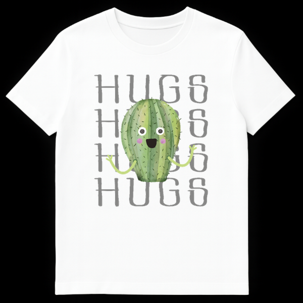 Cute watercolor cactus with open arms standing in front of the word HUGS repeated four times on White t-shirt