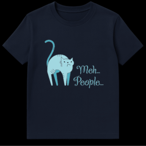 Stylized grumpy blue cartoon cat with arched back next to cursive text reading Meh People on Navy Blue t-shirt