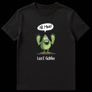 Cartoon green monster shouting All Mine! with Loot Goblin text on a black background on Black t-shirt
