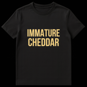 Immature Cheddar text graphic with yellow cheese texture and holes on a black background on Black t-shirt