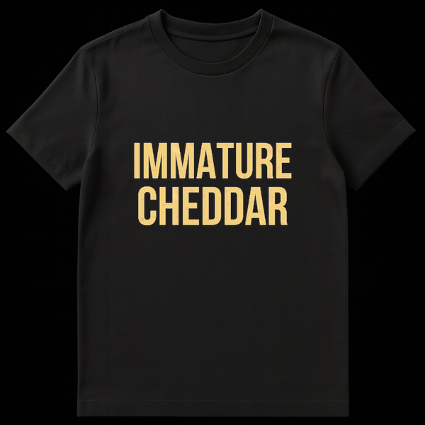 Immature Cheddar text graphic with yellow cheese texture and holes on a black background on Black t-shirt