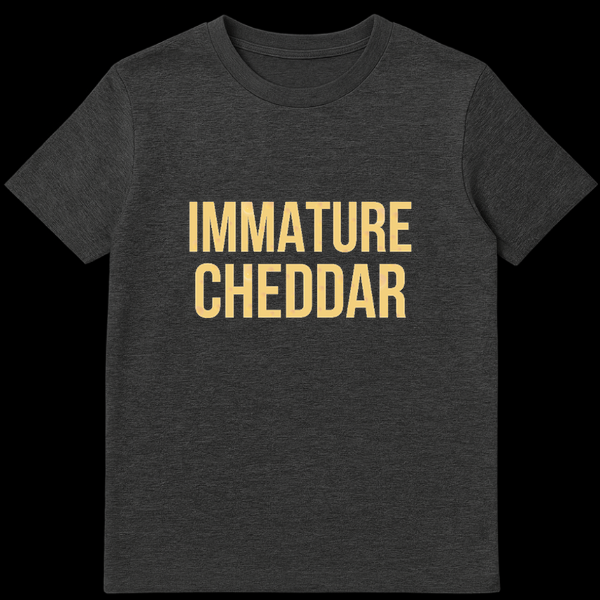 Immature Cheddar text graphic with yellow cheese texture and holes on a black background on Dark Heather t-shirt