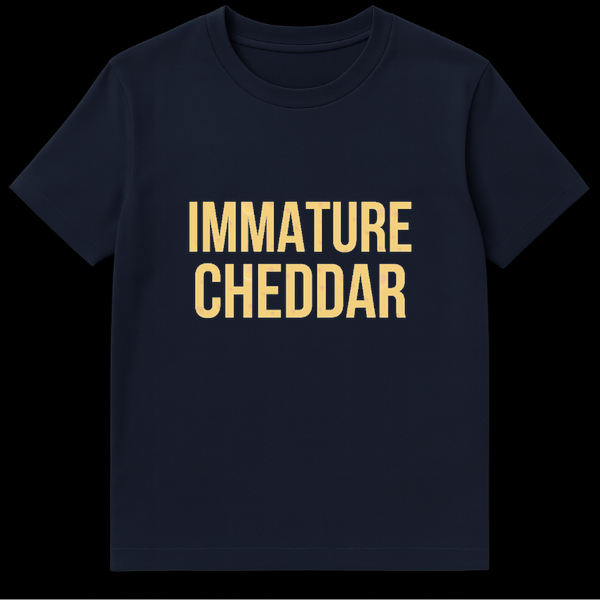 Immature Cheddar text graphic with yellow cheese texture and holes on a black background on Navy Blue t-shirt