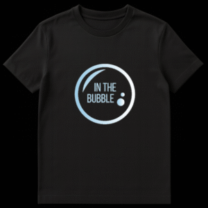 Minimalist black t-shirt with a glowing cyan blue circle outline containing the text IN THE BUBBLE and floating accent dots on Black t-shirt