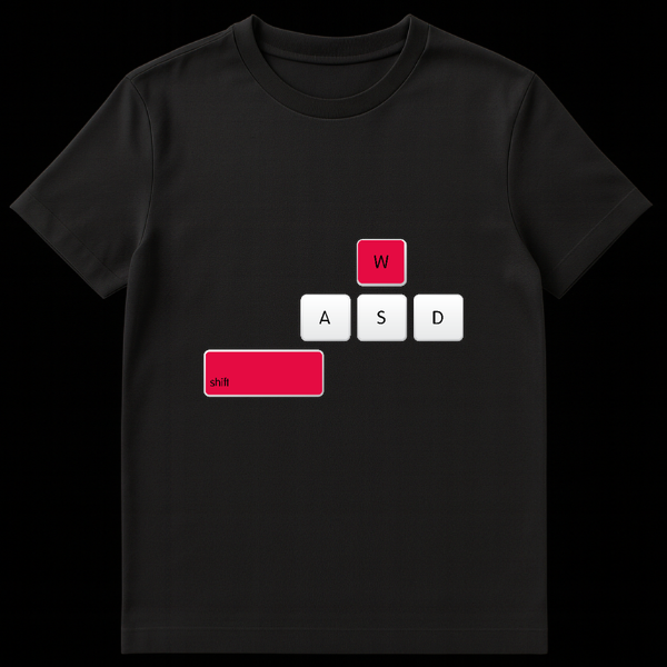 T-shirt design showing a PC gaming keyboard overlay with the W and Shift keys highlighted in red to symbolize sprinting on Black t-shirt