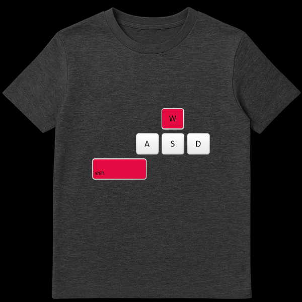 T-shirt design showing a PC gaming keyboard overlay with the W and Shift keys highlighted in red to symbolize sprinting on Dark Heather t-shirt