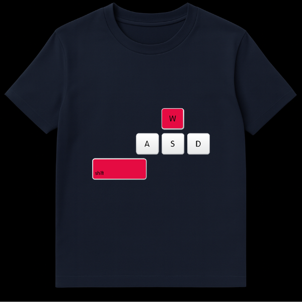 T-shirt design showing a PC gaming keyboard overlay with the W and Shift keys highlighted in red to symbolize sprinting on Navy Blue t-shirt