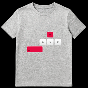 T-shirt design showing a PC gaming keyboard overlay with the W and Shift keys highlighted in red to symbolize sprinting on Sports Grey t-shirt