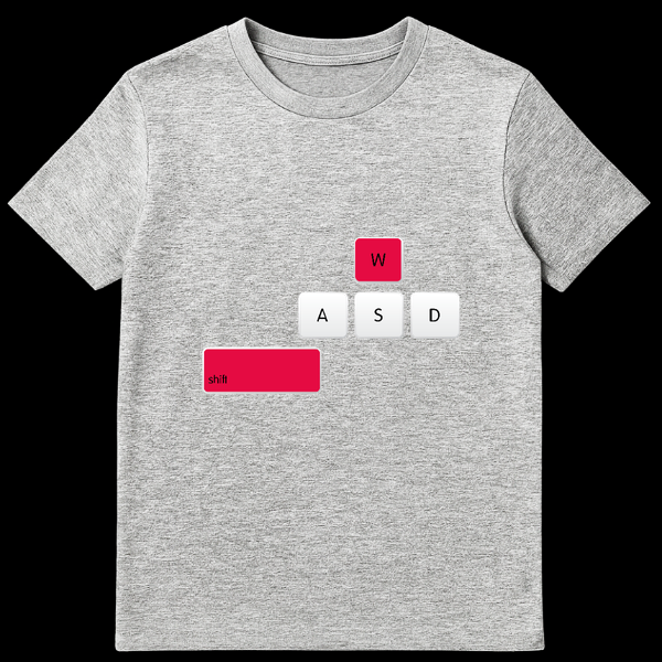 T-shirt design showing a PC gaming keyboard overlay with the W and Shift keys highlighted in red to symbolize sprinting on Sports Grey t-shirt