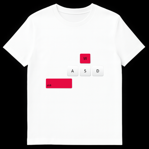 T-shirt design showing a PC gaming keyboard overlay with the W and Shift keys highlighted in red to symbolize sprinting on White t-shirt