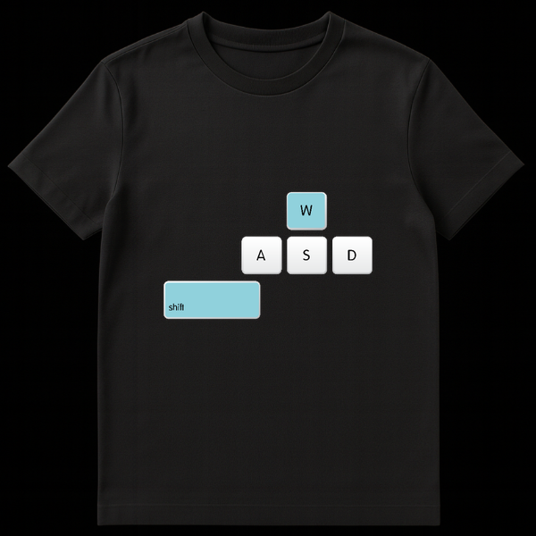 Black t-shirt featuring a white outline of computer keyboard keys WASD and Shift, with the W and Shift keys filled in blue to represent sprinting on Black t-shirt