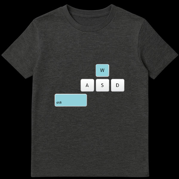 Black t-shirt featuring a white outline of computer keyboard keys WASD and Shift, with the W and Shift keys filled in blue to represent sprinting on Dark Heather t-shirt