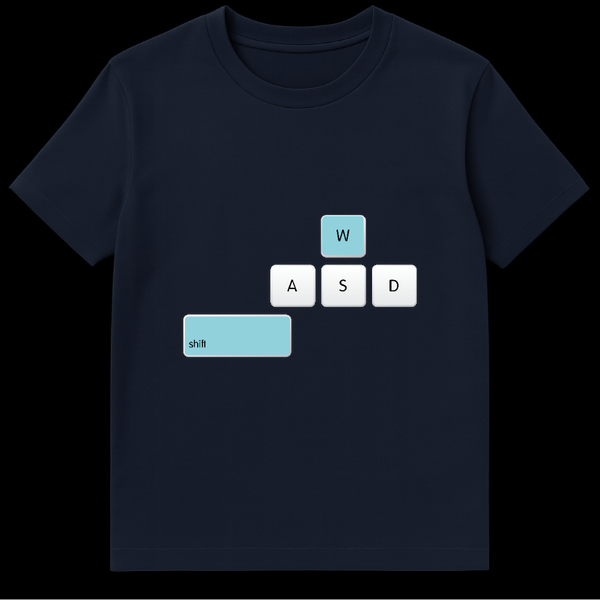 Black t-shirt featuring a white outline of computer keyboard keys WASD and Shift, with the W and Shift keys filled in blue to represent sprinting on Navy Blue t-shirt