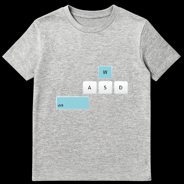 Black t-shirt featuring a white outline of computer keyboard keys WASD and Shift, with the W and Shift keys filled in blue to represent sprinting on Sports Grey t-shirt