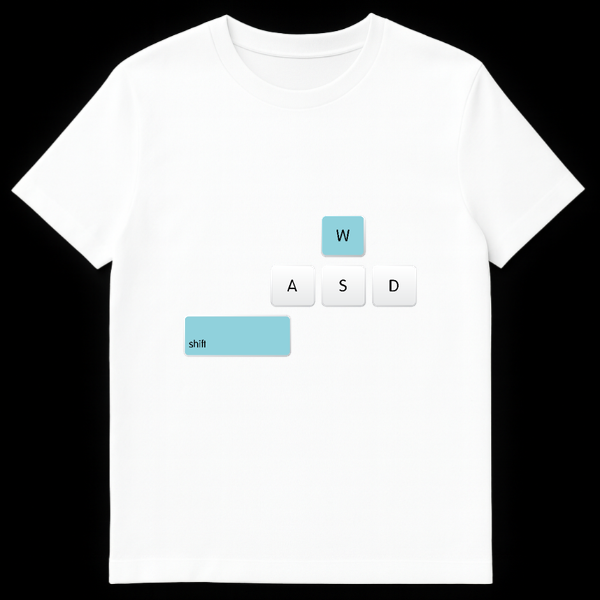 Black t-shirt featuring a white outline of computer keyboard keys WASD and Shift, with the W and Shift keys filled in blue to represent sprinting on White t-shirt