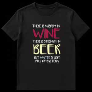 Funny text design reading There Is Wisdom In Wine Strength In Beer But Water Is Just Full Of Bacteria on Black t-shirt