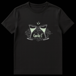 Illustration of two gimlet cocktail glasses toasting with green liquid and white sketch lines on a black background on Black t-shirt