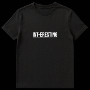 Black t-shirt with white text reading INT-ERESTING with a hyphen, a funny pun on integer data types for programmers on Black t-shirt