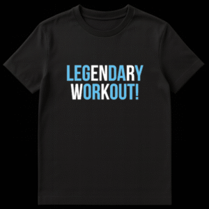 Black t-shirt featuring the text LEGENDARY WORKOUT in alternating blue and white bold capital letters on Black t-shirt