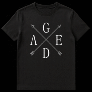Distressed white crossed arrows forming an X with the letters A G E D in the four quadrants on a black background on Black t-shirt