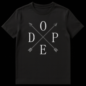 Black t-shirt featuring the word DOPE in white distressed letters arranged around crossed arrows in a hipster X-style layout. on Black t-shirt