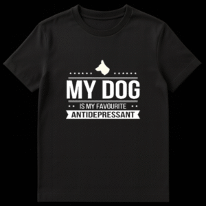 Silhouette of a German Shepherd dog head with white text reading My Dog Is My Favourite Antidepressant on a black background on Black t-shirt