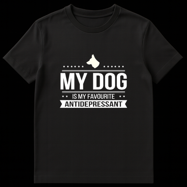 Silhouette of a German Shepherd dog head with white text reading My Dog Is My Favourite Antidepressant on a black background on Black t-shirt