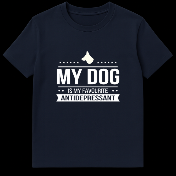 Silhouette of a German Shepherd dog head with white text reading My Dog Is My Favourite Antidepressant on a black background on Navy Blue t-shirt