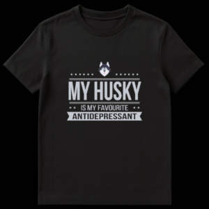 Cartoon Siberian Husky head with text My Husky Is My Favourite Antidepressant on a ribbon banner with stars on Black t-shirt