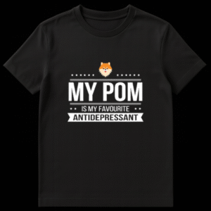 Cartoon Pomeranian dog head with stars and text reading My Pom Is My Favourite Antidepressant on a black background on Black t-shirt
