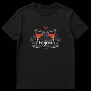Stylized chalk-art illustration of two Negroni cocktail glasses toasting with red liquid and hand-lettered text on a black t-shirt on Black t-shirt