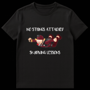Funny text design reading No Strings Attached Skydiving Lessons in bold letters on Black t-shirt