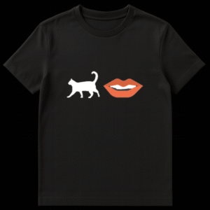 Rebus puzzle design featuring a black cat silhouette on the left and a red shouting mouth on the right, forming the word Catcall on Black t-shirt