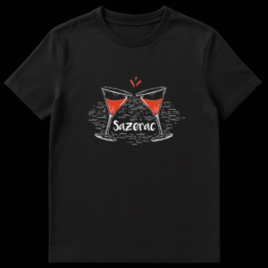 Two sketched cocktail glasses clinking with red liquid and Sazerac text on black background on Black t-shirt