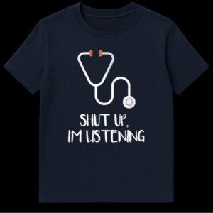 Digital illustration of a white stethoscope with orange ear tips above text reading Shut Up I'm Listening. on Navy Blue t-shirt