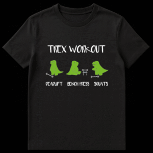 Cartoon green T-Rex struggling to do gym exercises like deadlift, bench press, and squats on a black background on Black t-shirt